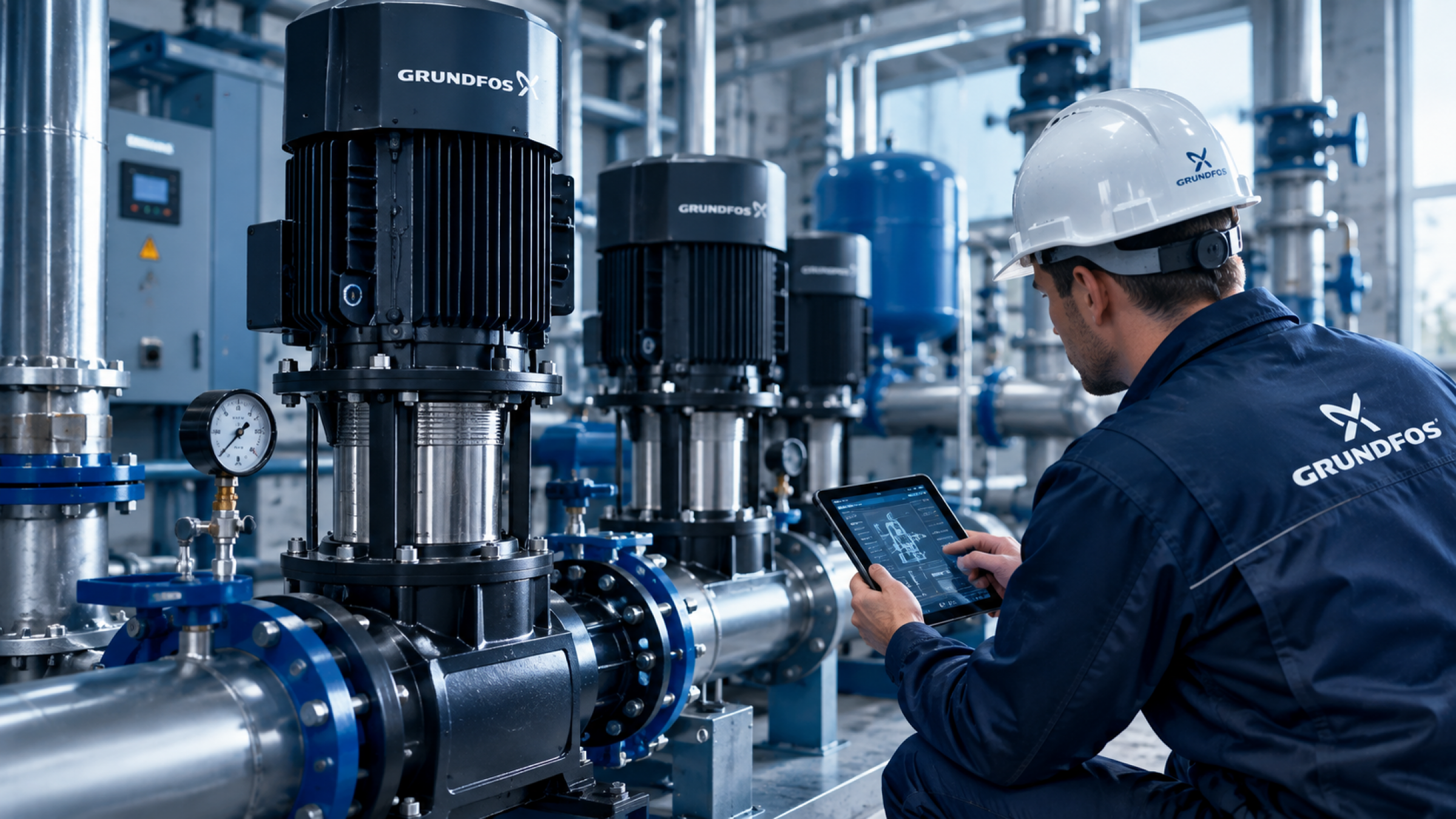 Техник Grundfos проверяет насосную систему
